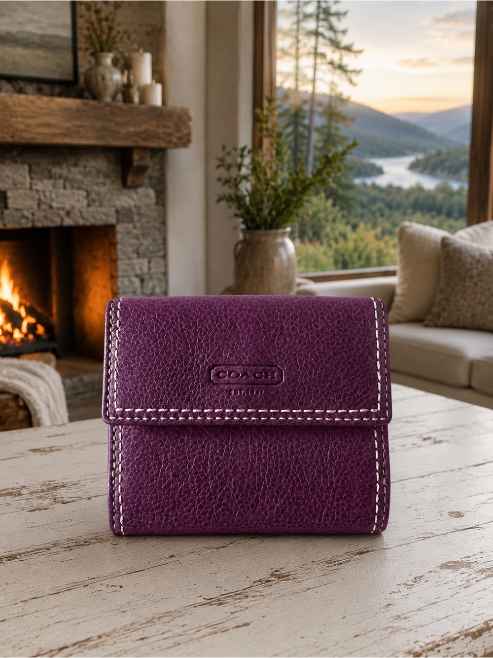 Coach Plum Pebbled Leather Wallet with Gold Turnlock - Picture 2 of 6